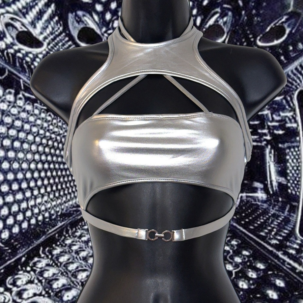 New‎ Small Silver Metallic Cutout Halter Crop Top Rave Festival Bralette Y2k
